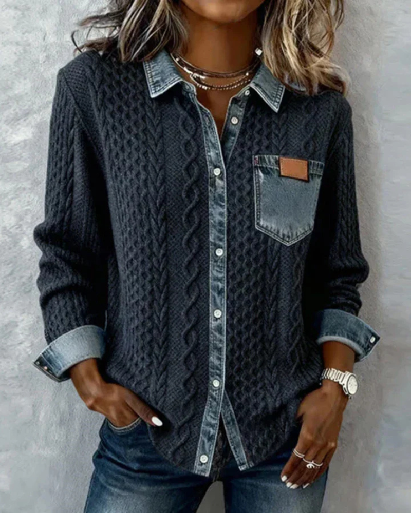 Juliane | Women's Denim-Trim Textured Relaxed Fit Knit Sweater