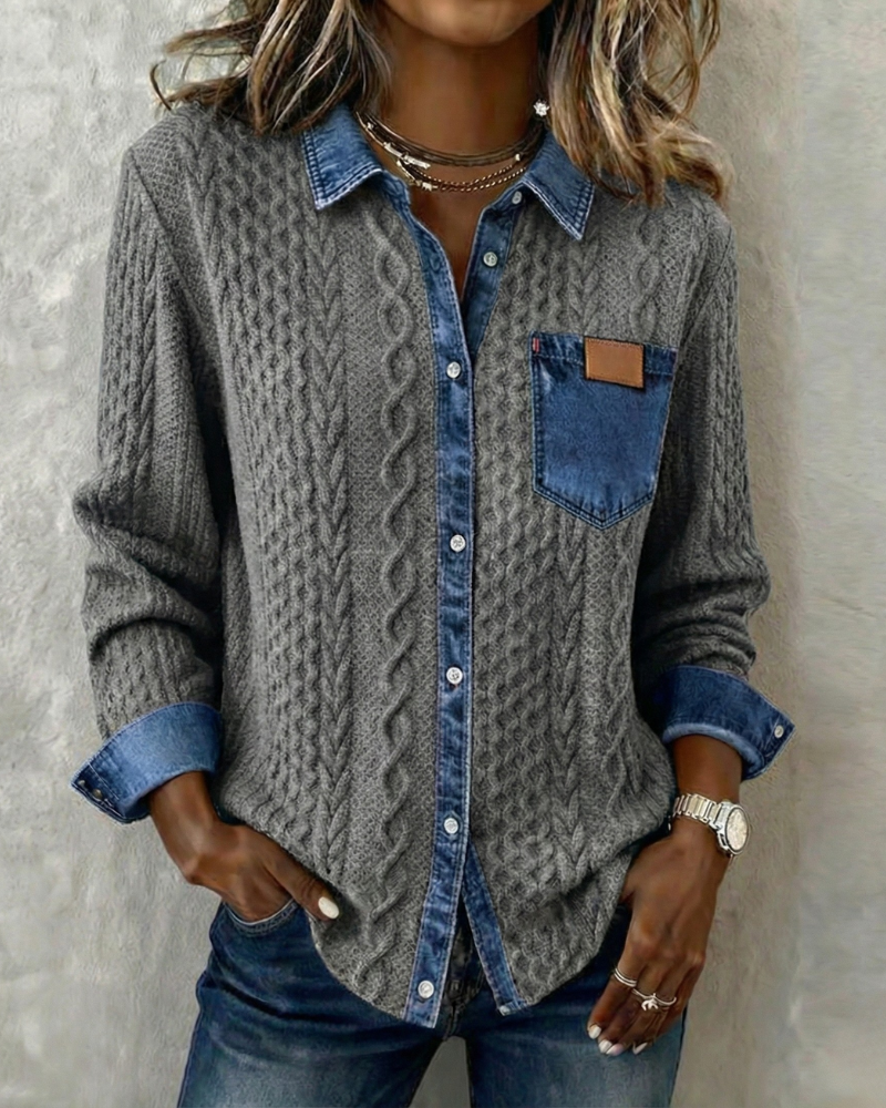 Juliane | Women's Denim-Trim Textured Relaxed Fit Knit Sweater