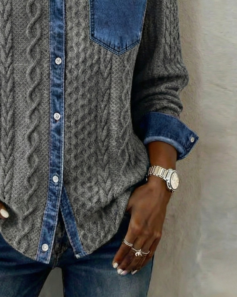 Juliane | Women's Denim-Trim Textured Relaxed Fit Knit Sweater