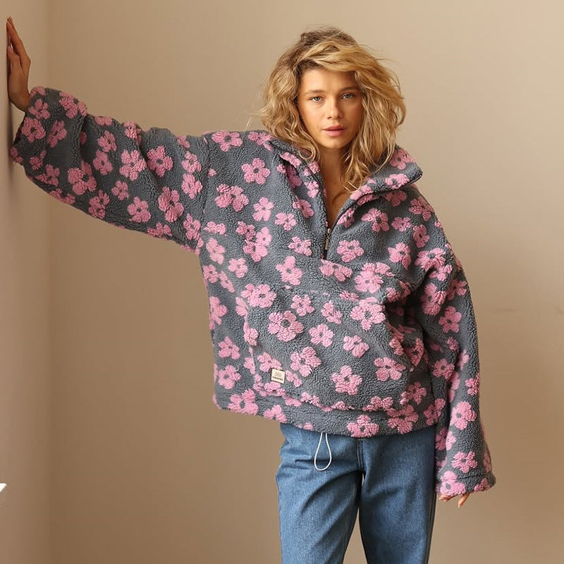 Women's Floral Sherpa Pullover – Oversized Boho Pattern Sweater