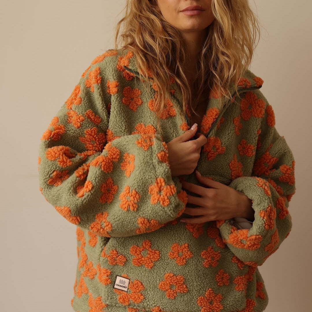 Women's Floral Sherpa Pullover – Oversized Boho Pattern Sweater