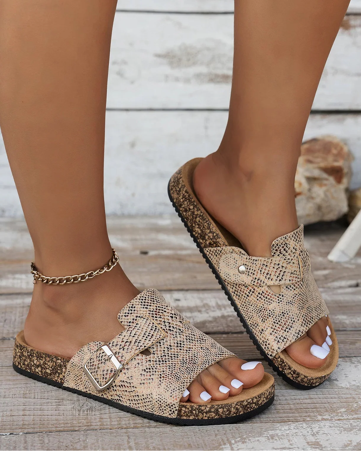 Sienna | Women's Snake Print Buckle Cork Sole Comfortable Slides