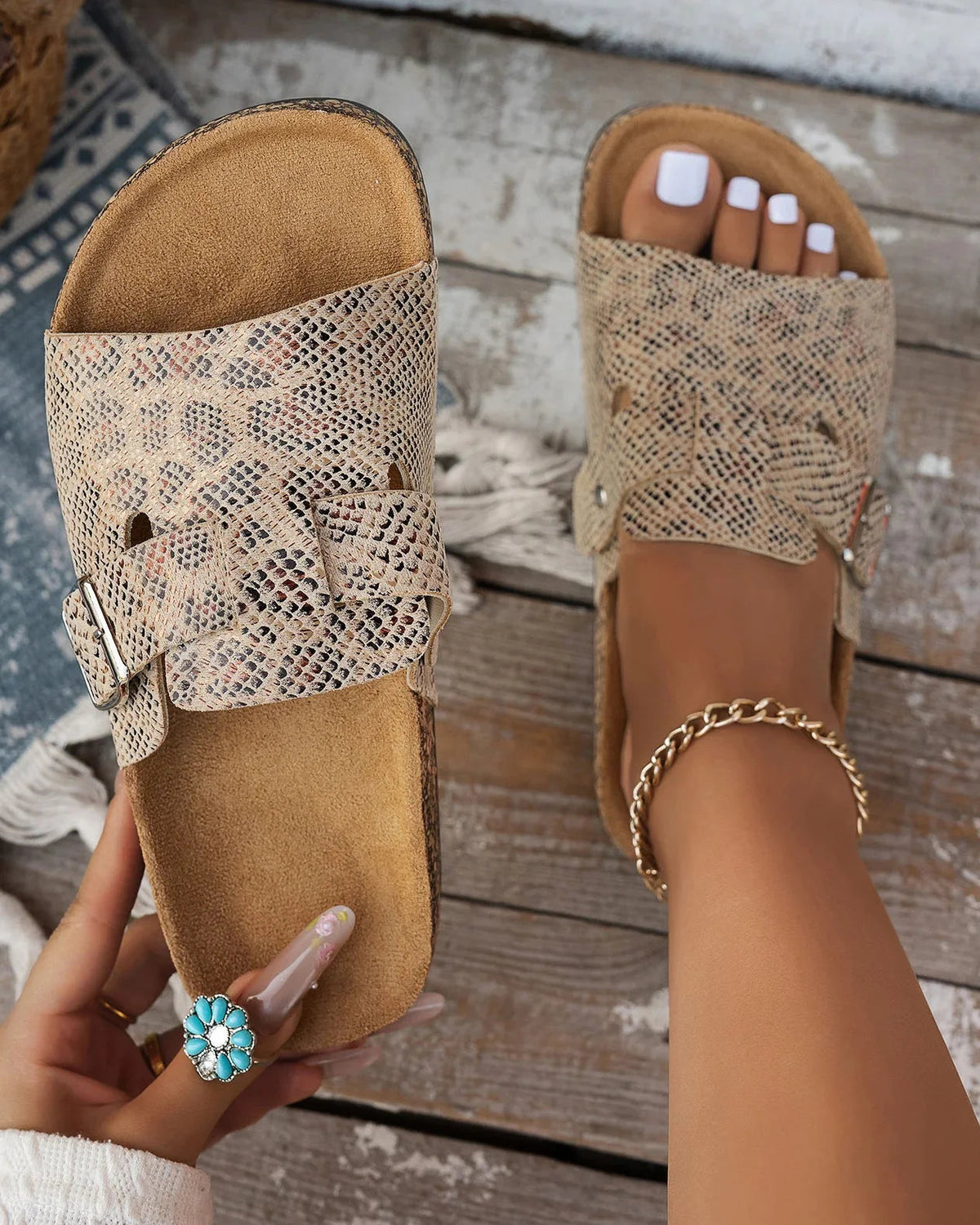 Sienna | Women's Snake Print Buckle Cork Sole Comfortable Slides