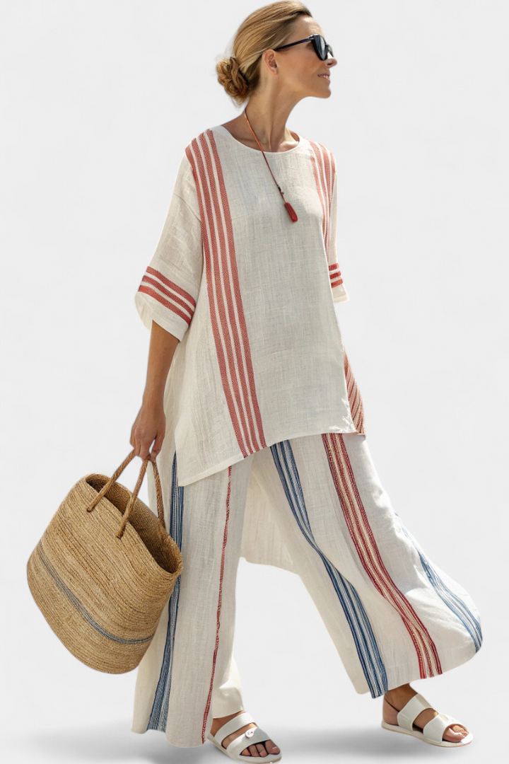 Solvane | Haut à Rayures Multicolores Sophistiqué & Pantalon Méditerranéen