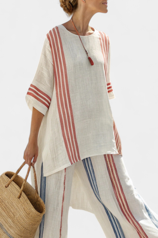 Solvane | Haut à Rayures Multicolores Sophistiqué & Pantalon Méditerranéen