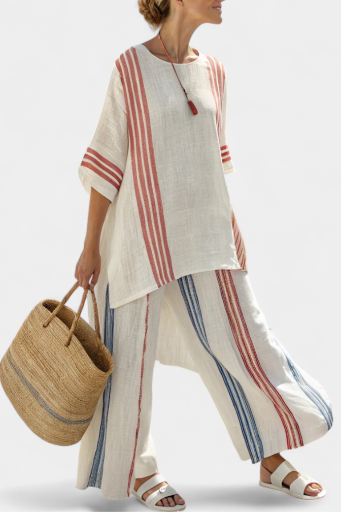 Solvane | Haut à Rayures Multicolores Sophistiqué & Pantalon Méditerranéen
