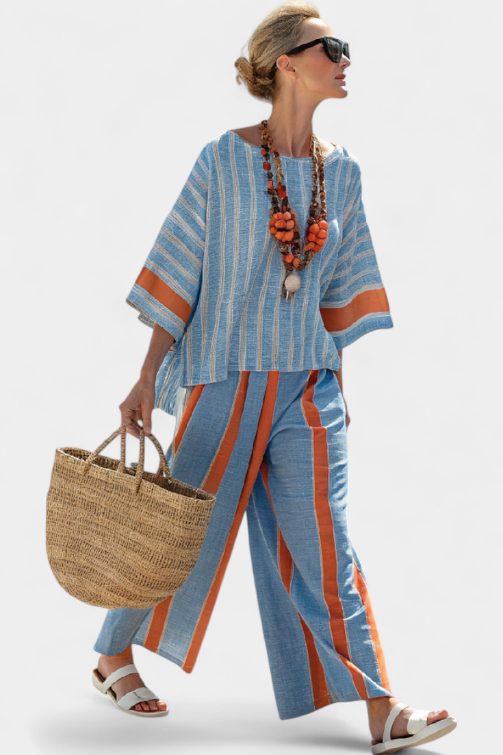 Velmere | Haut en Terracotta Rayé Sophistiqué & Pantalons en Lin