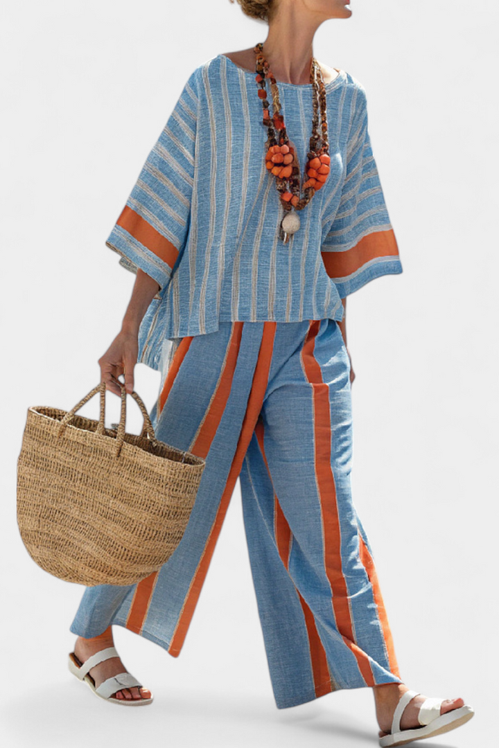 Velmere | Haut en Terracotta Rayé Sophistiqué & Pantalons en Lin