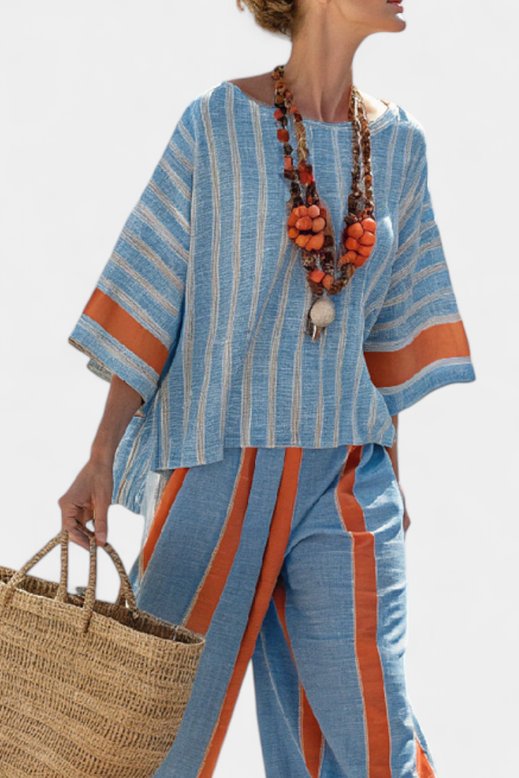Velmere | Haut en Terracotta Rayé Sophistiqué & Pantalons en Lin
