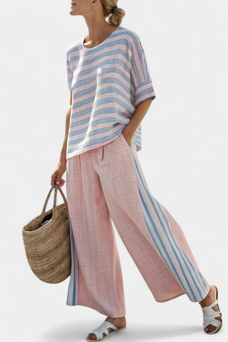 Virella | Blouse en Lin Élégante Rose-Bleu & Pantalons Doux