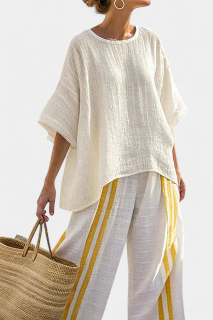 Anselor | Haut en Lin Rayé Jaune Élégant & Pantalons à Jambes Larges