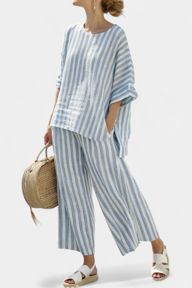 Rensleigh | Haut en lin rayé bleu sophistiqué & Pantalons décontractés