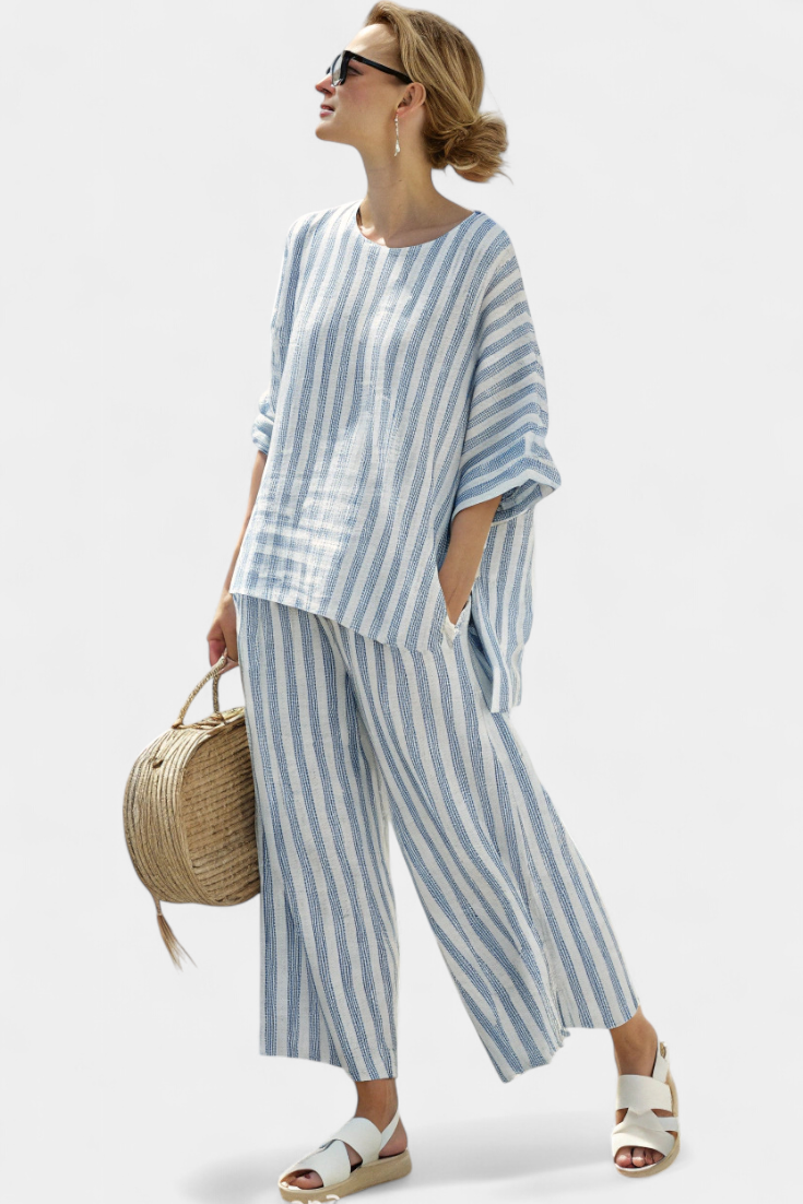Rensleigh | Haut en lin rayé bleu sophistiqué & Pantalons décontractés