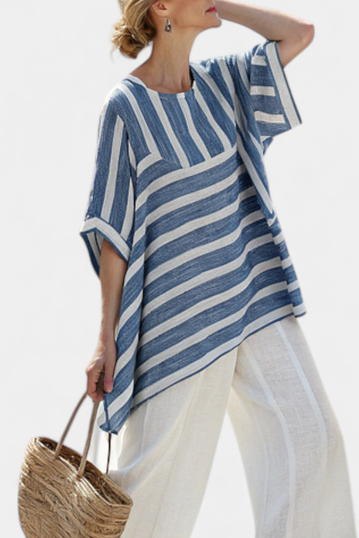 Corvielle | Haut Rayé Bleu Sophistiqué & Pantalon Détail Ourlet