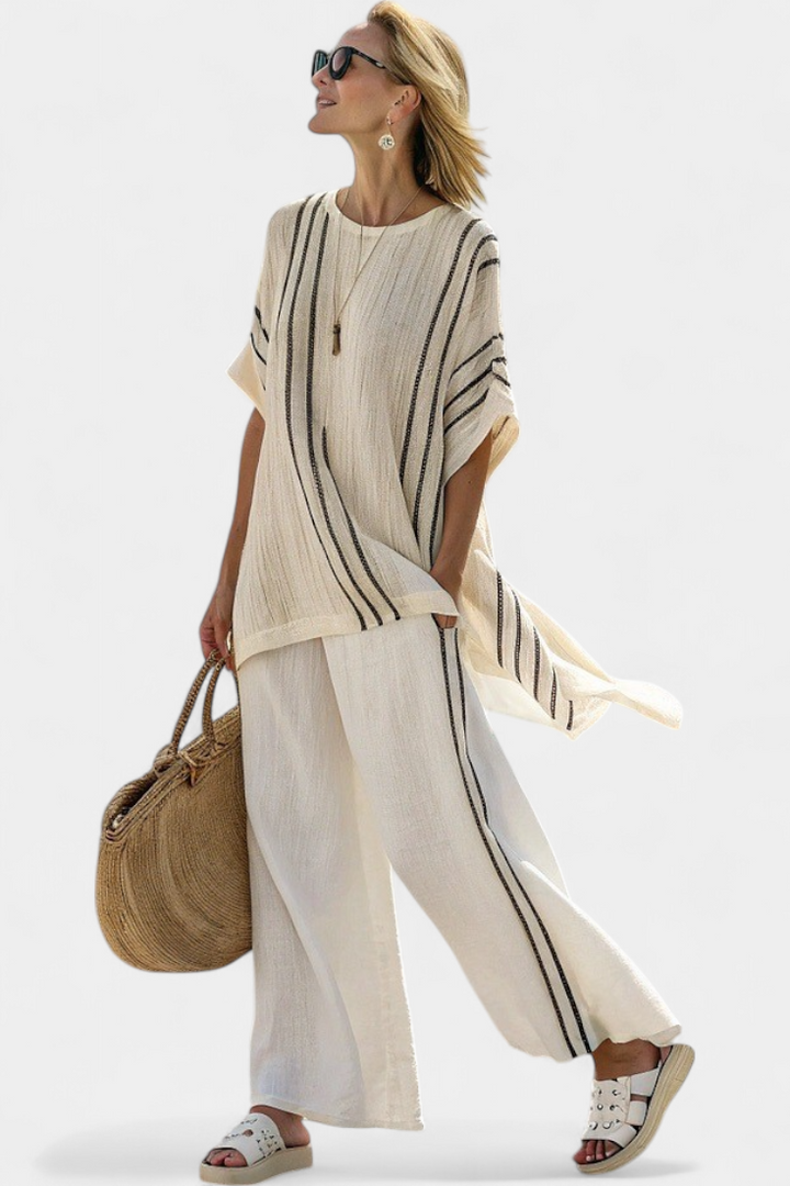 Greysen | Blouse en Lin Ivoire Élégante & Pantalons Rayés Noirs