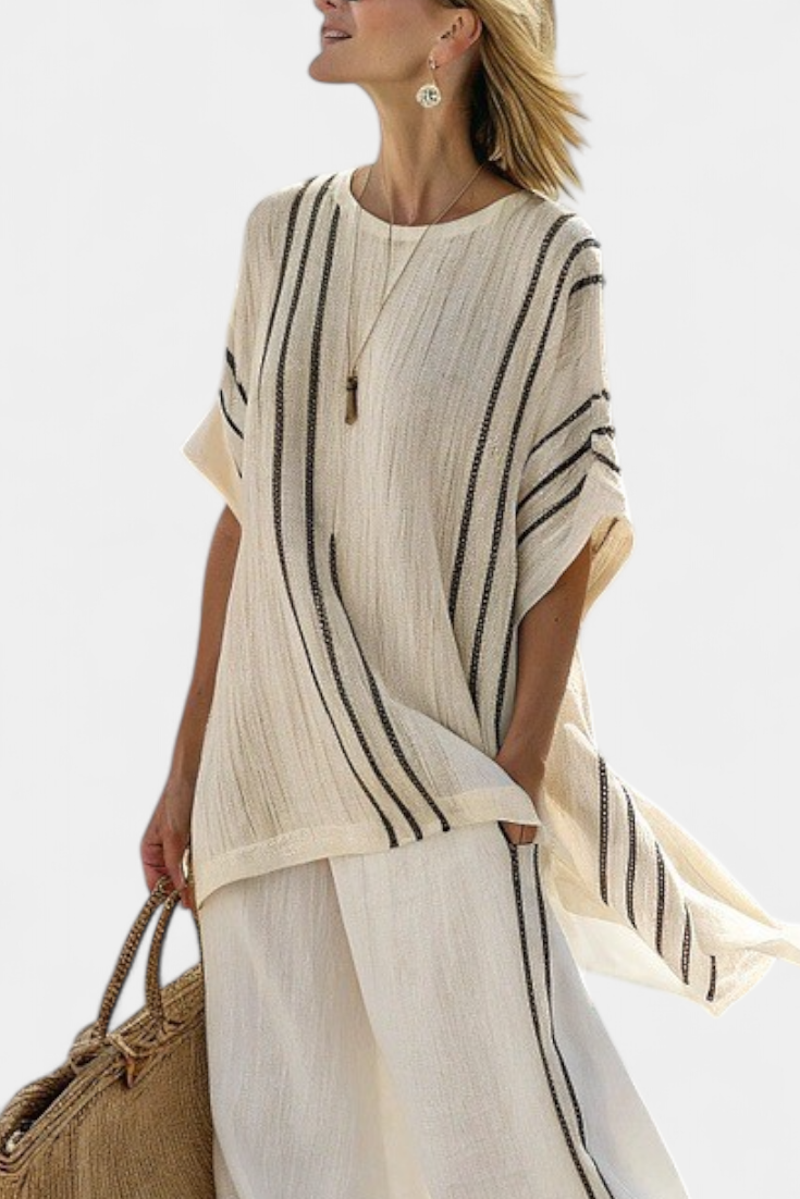 Greysen | Blouse en Lin Ivoire Élégante & Pantalons Rayés Noirs
