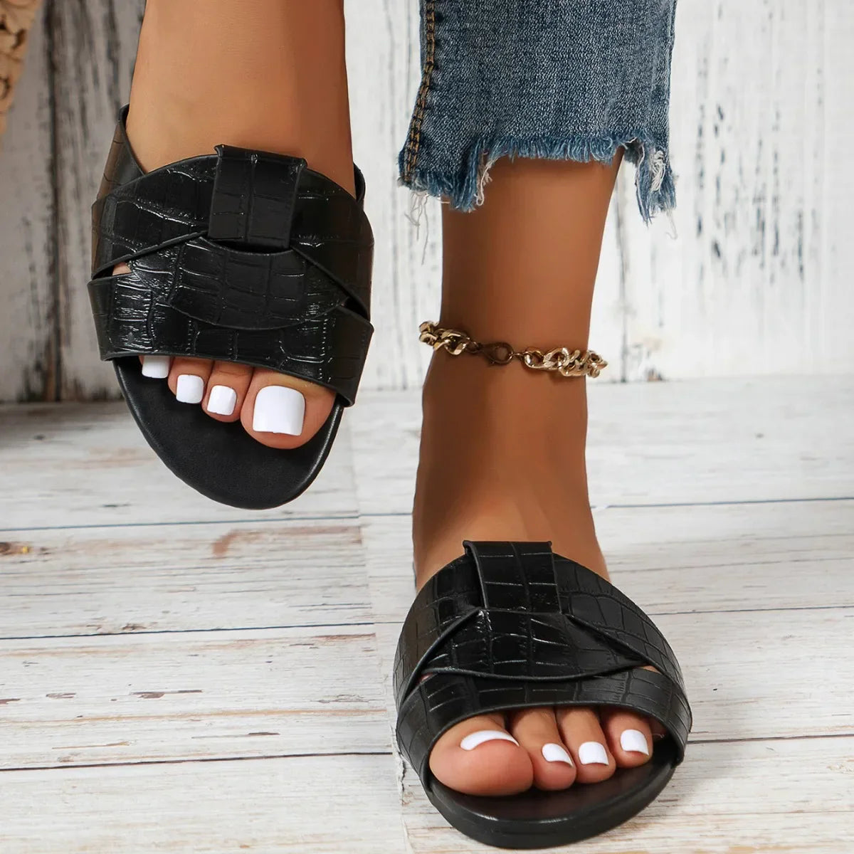 Livia | Women's Vegan Leather Square-Toe Comfortable Slides