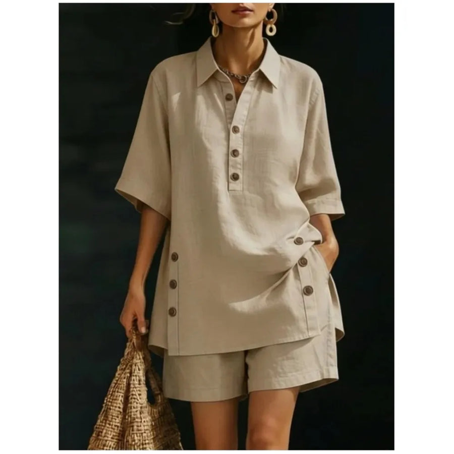 Solena | Chemise courte à manches courtes avec col à revers et pantalons avec poches fendues