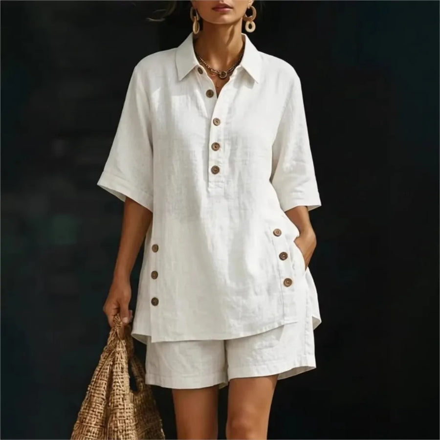 Solena | Chemise courte à manches courtes avec col à revers et pantalons avec poches fendues