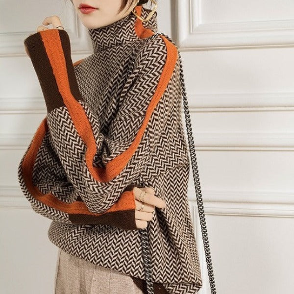 Eleanor | Women's Herringbone Turtleneck Wool-Blend Knit Sweater