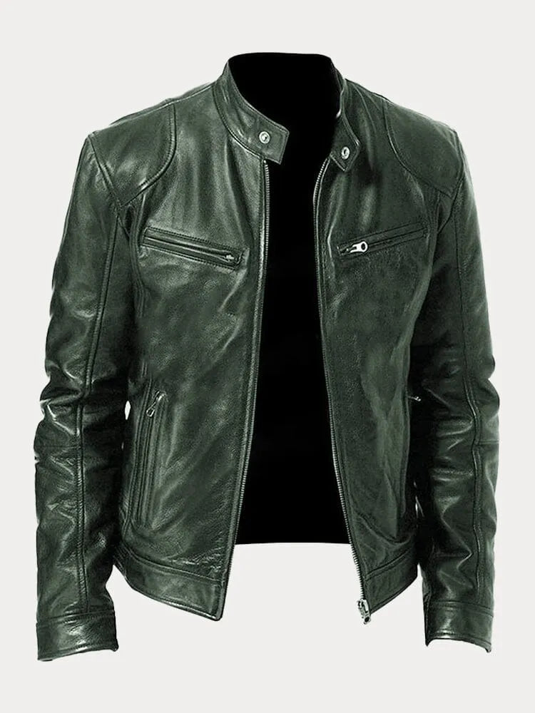 William | Mens Genuine Leather Jacket Cafe Racer Zip Up