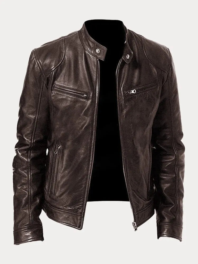 William | Mens Genuine Leather Jacket Cafe Racer Zip Up