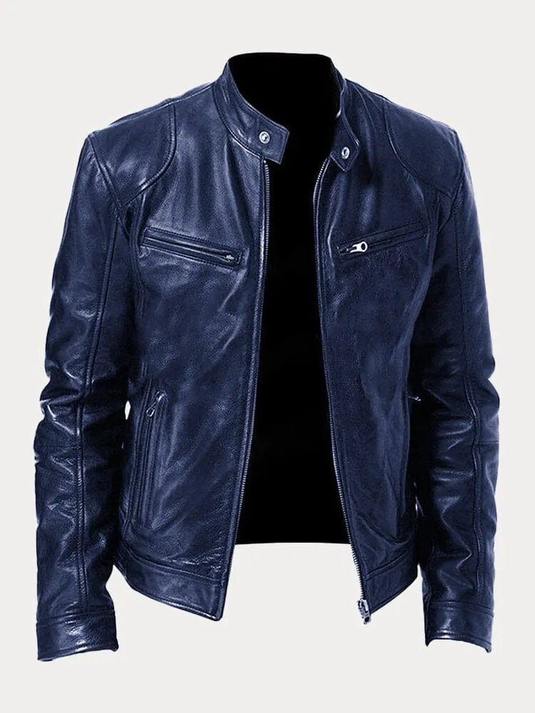 William | Mens Genuine Leather Jacket Cafe Racer Zip Up