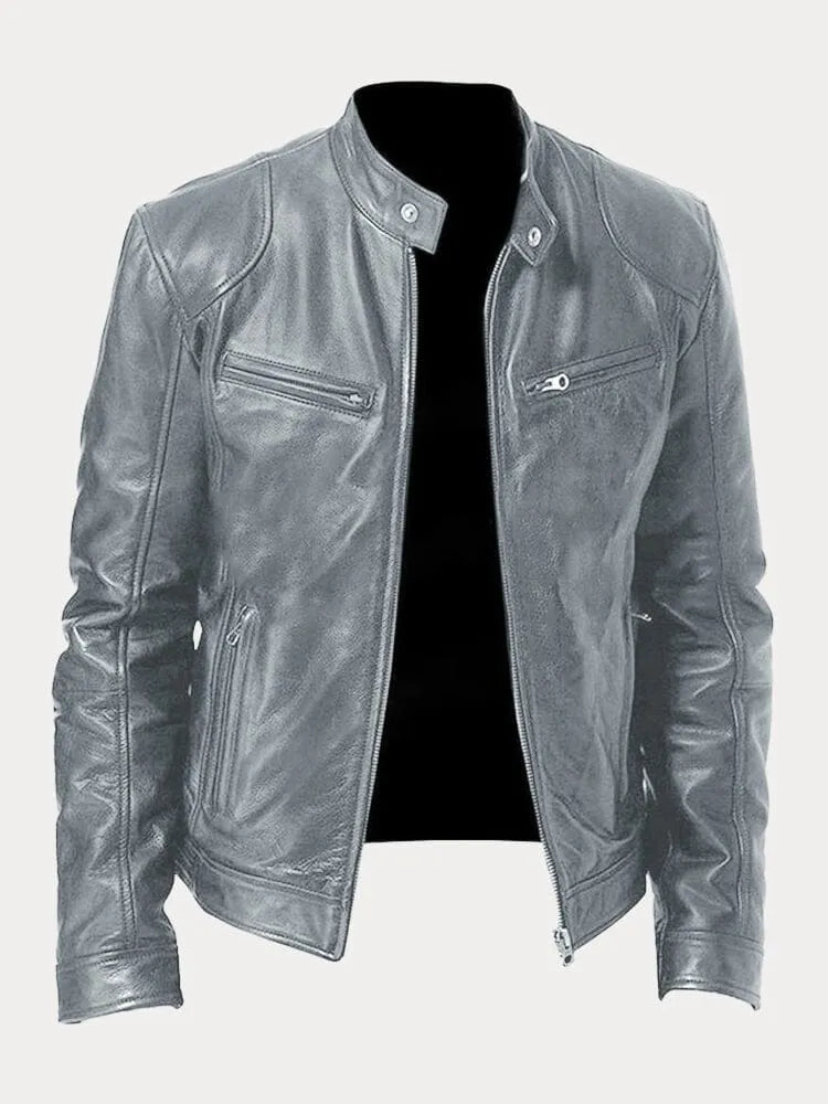 William | Mens Genuine Leather Jacket Cafe Racer Zip Up