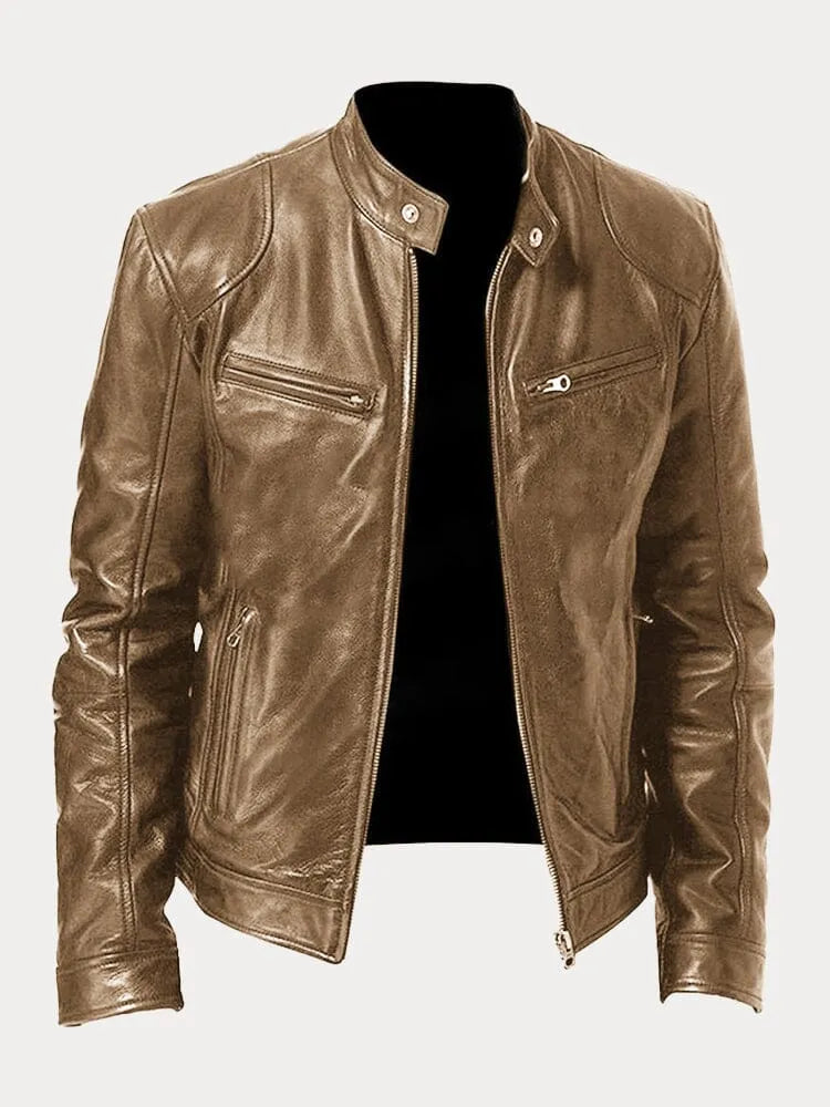 William | Mens Genuine Leather Jacket Cafe Racer Zip Up