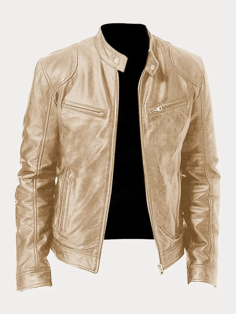 William | Mens Genuine Leather Jacket Cafe Racer Zip Up