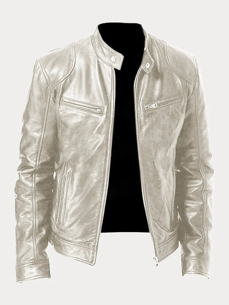William | Mens Genuine Leather Jacket Cafe Racer Zip Up
