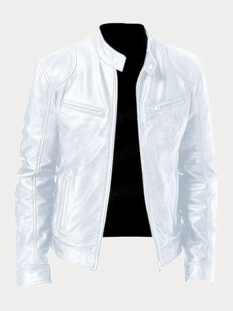 William | Mens Genuine Leather Jacket Cafe Racer Zip Up