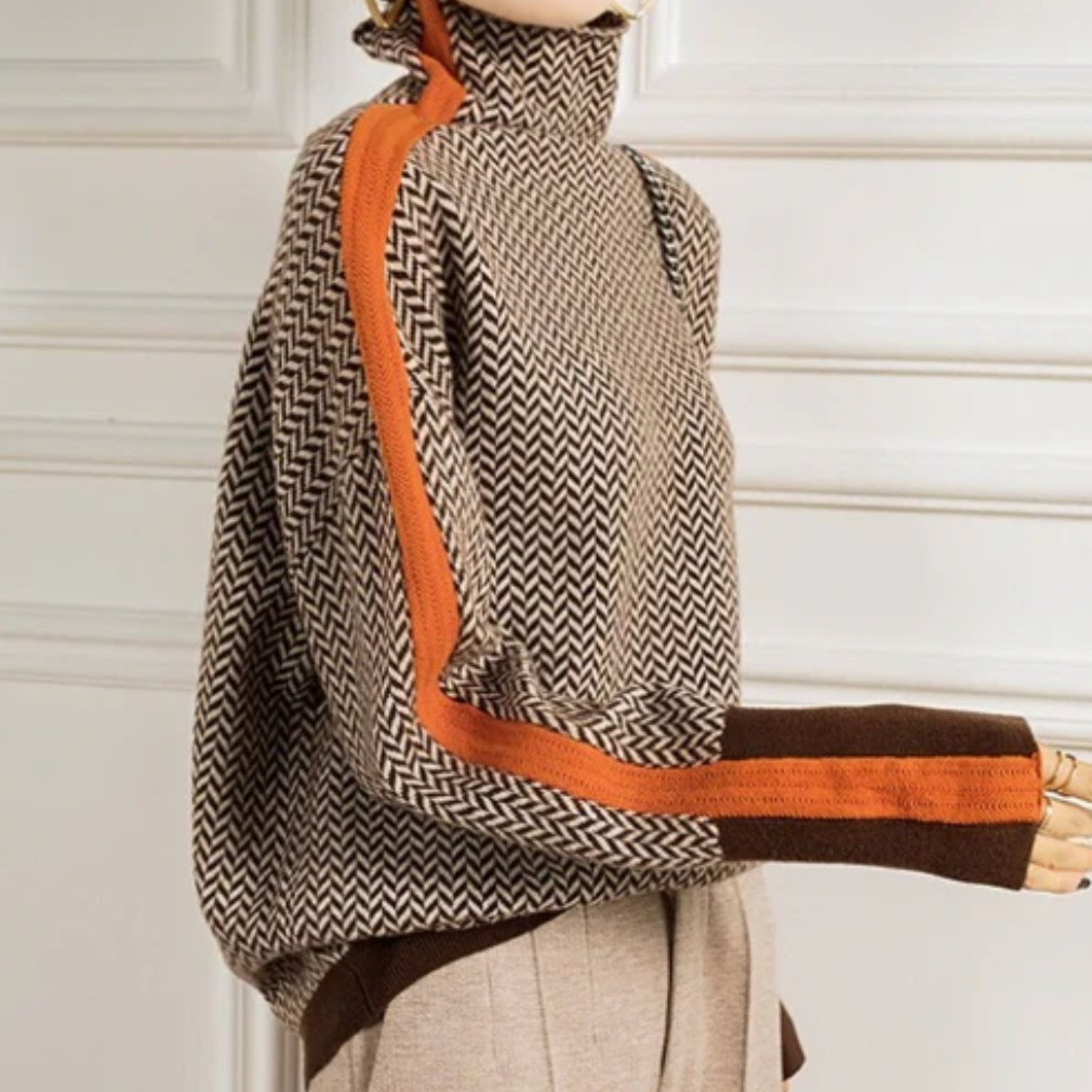 Eleanor | Women's Herringbone Turtleneck Wool-Blend Knit Sweater
