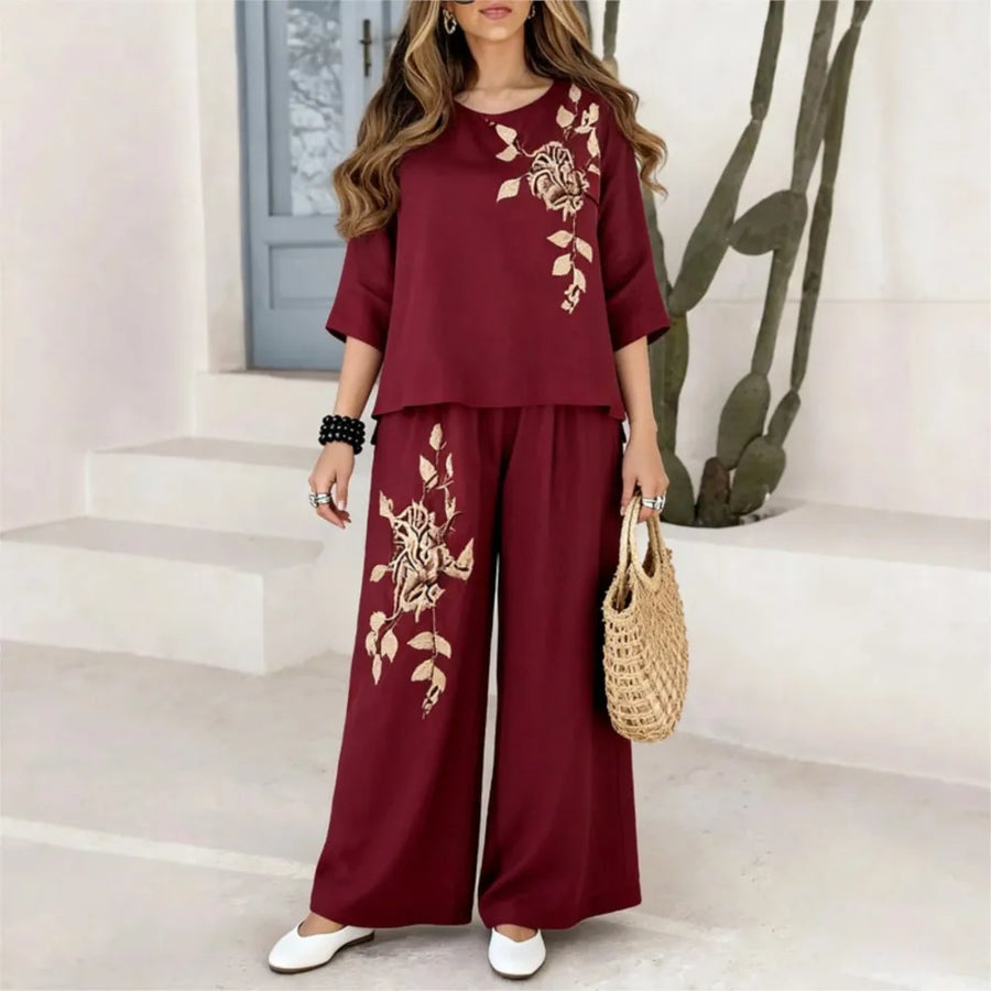 Felena | Ensemble de Pantalons Élégants à Jambe Large Brodés Rétro