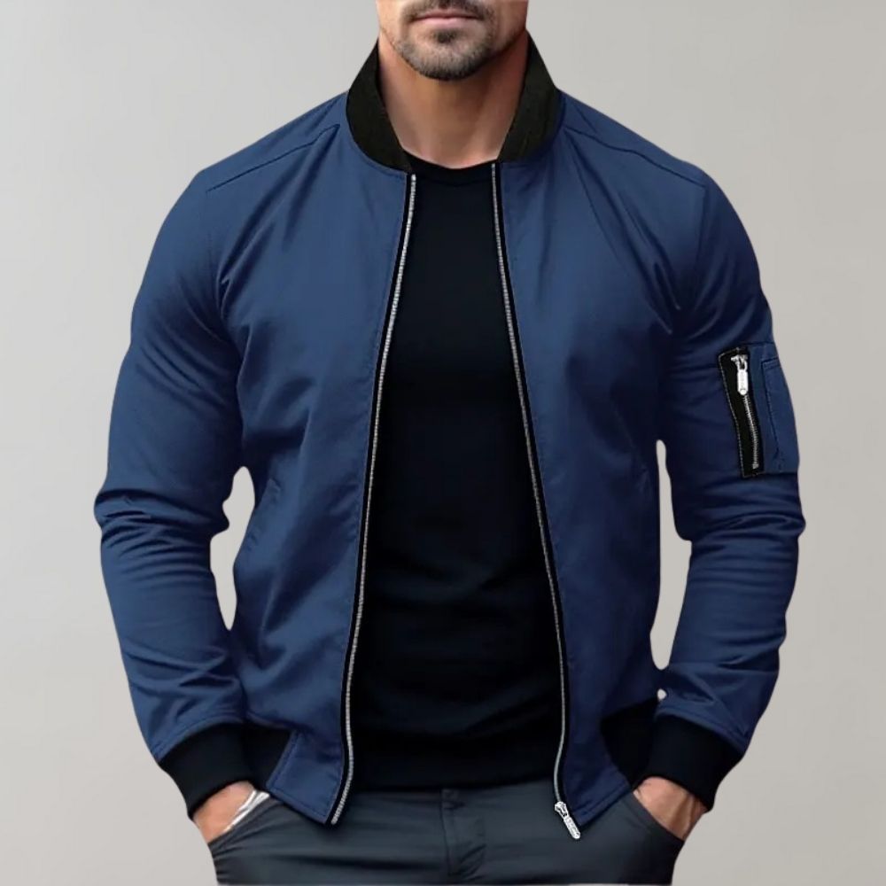 Benjamin | Men's Ribbed Collar Zip-Up Bomber Jacket Sleeve Pocket