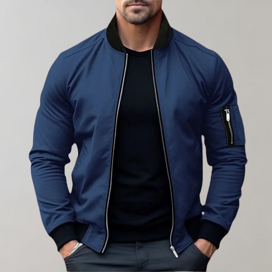 Benjamin | Men's Ribbed Collar Zip-Up Bomber Jacket Sleeve Pocket