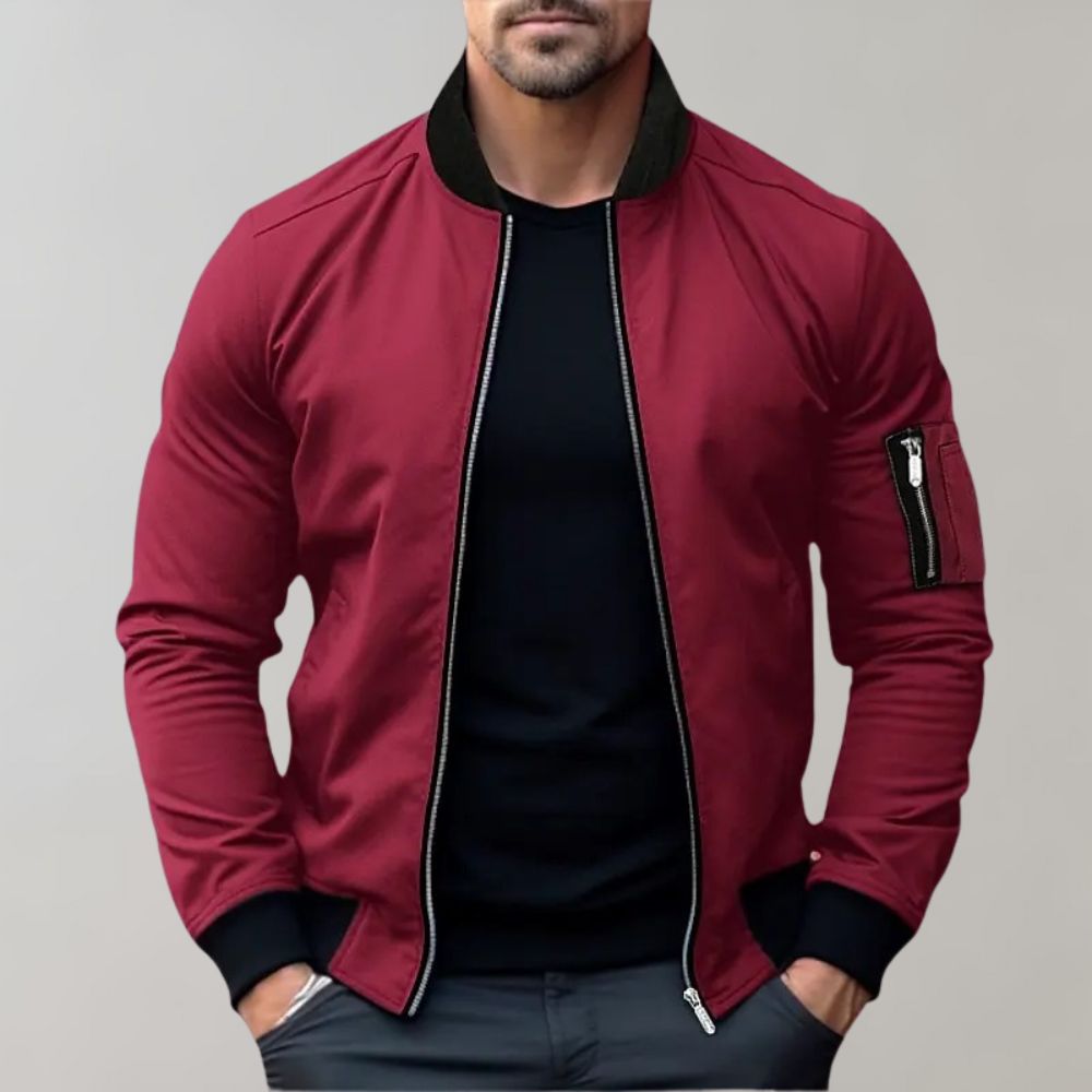 Benjamin | Men's Ribbed Collar Zip-Up Bomber Jacket Sleeve Pocket