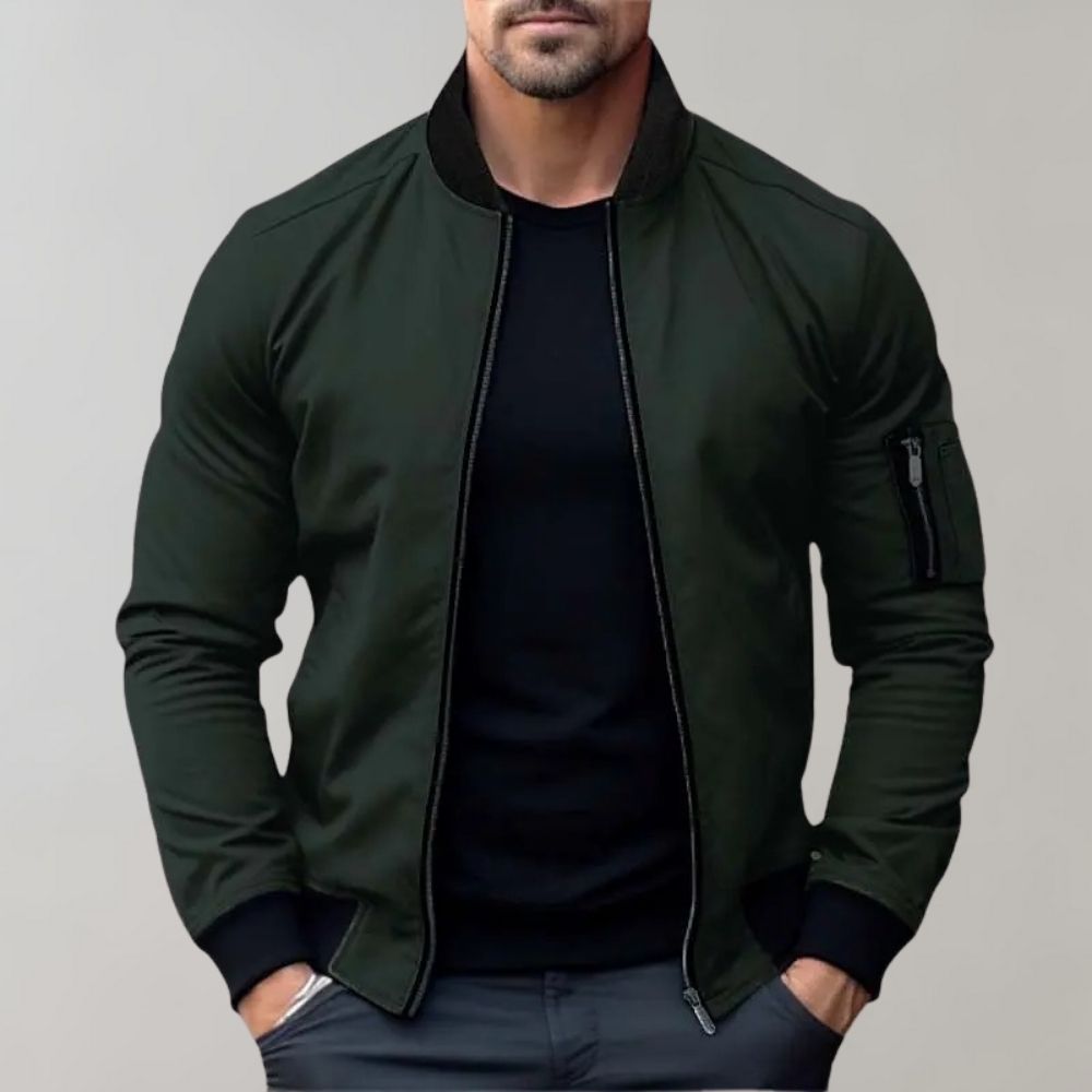 Benjamin | Men's Ribbed Collar Zip-Up Bomber Jacket Sleeve Pocket