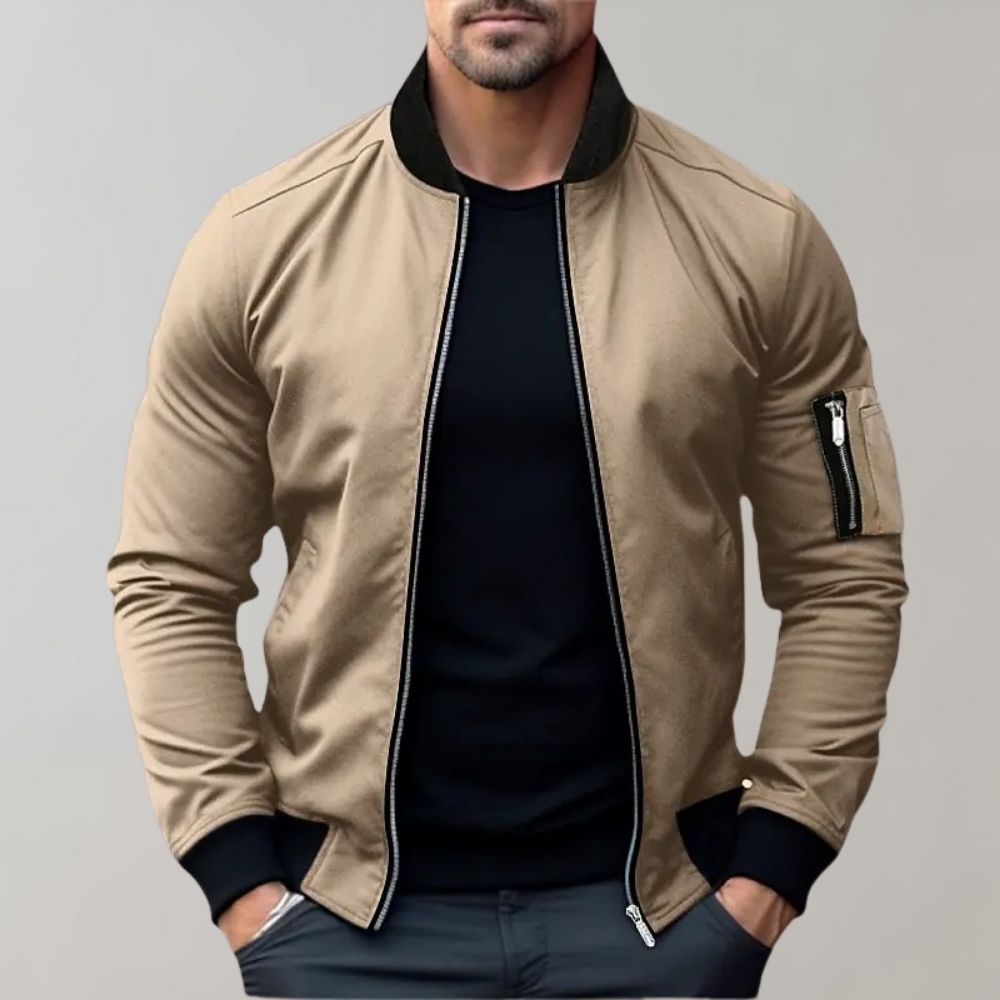 Benjamin | Men's Ribbed Collar Zip-Up Bomber Jacket Sleeve Pocket