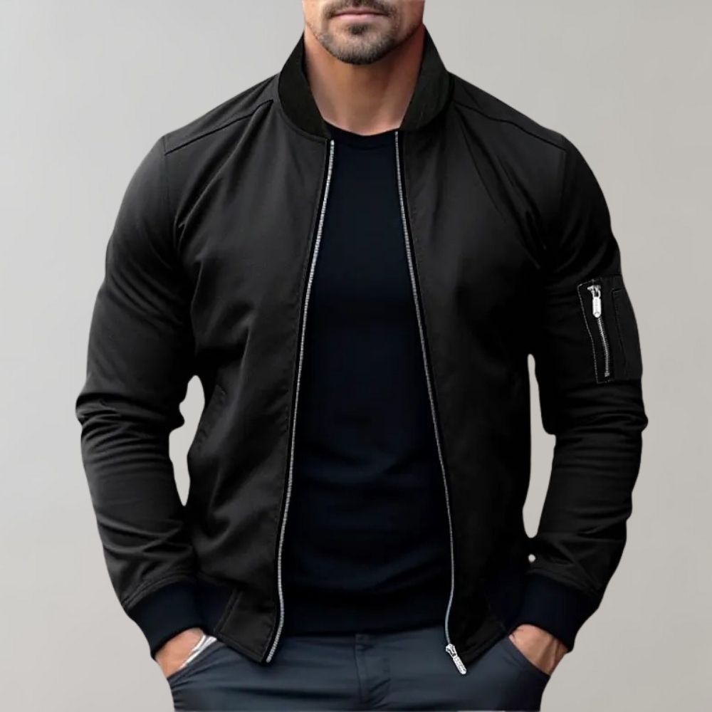 Benjamin | Men's Ribbed Collar Zip-Up Bomber Jacket Sleeve Pocket