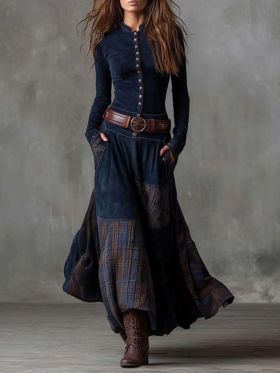 Leonora | Robe longue vintage en suédine à carreaux bleu marine (ceinture incluse)