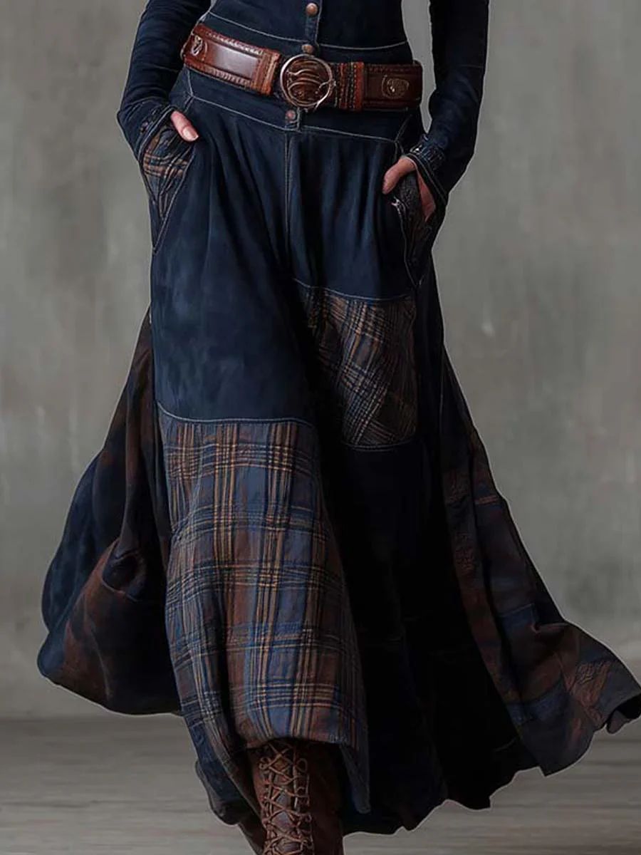 Leonora | Robe longue vintage en suédine à carreaux bleu marine (ceinture incluse)