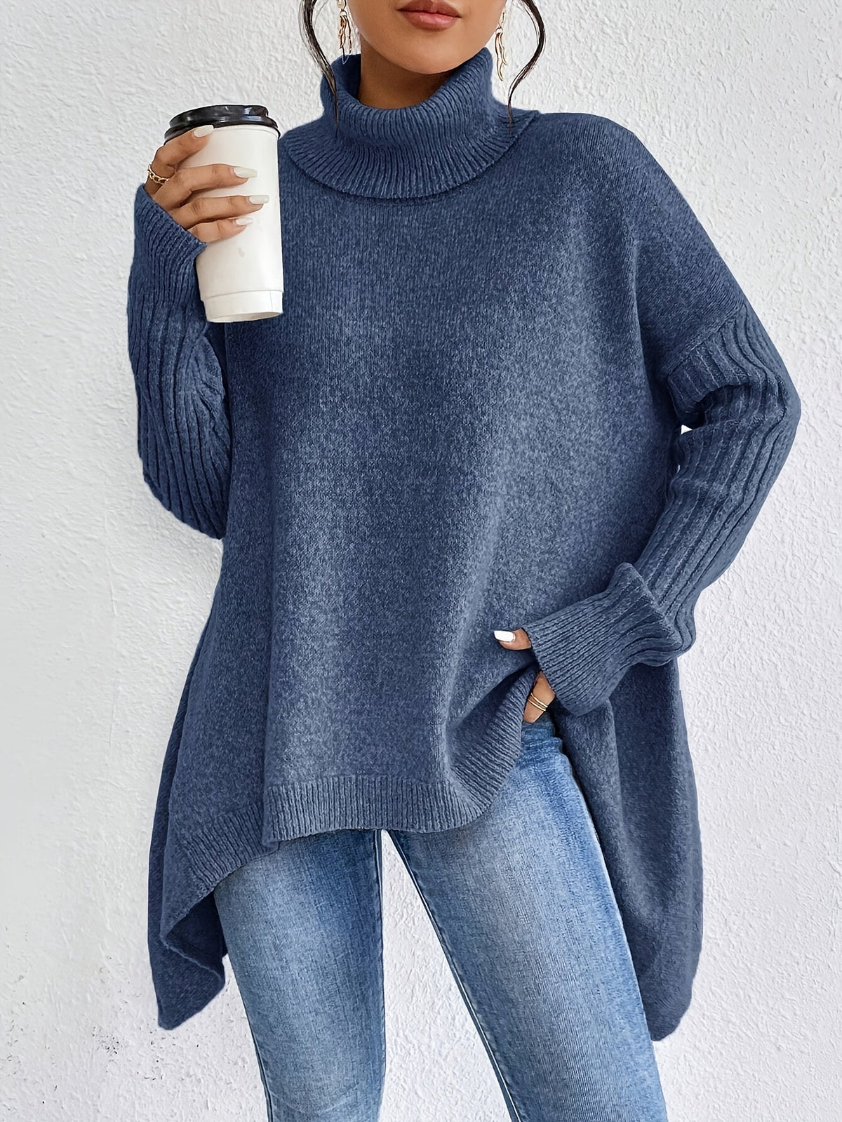 Audrey | Women's High Neck Asymmetrical Drape Knit Sweater