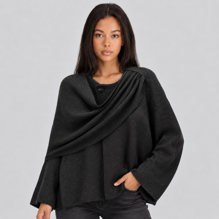 Draped Cowl Neck Poncho with Wide Sleeve