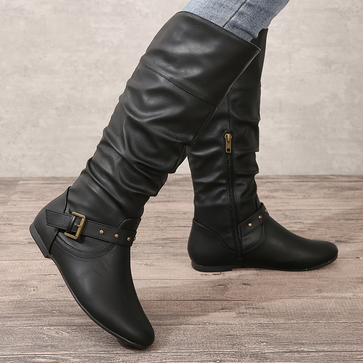 Mia | Women's Slouchy Buckle Flat Knee High Boots