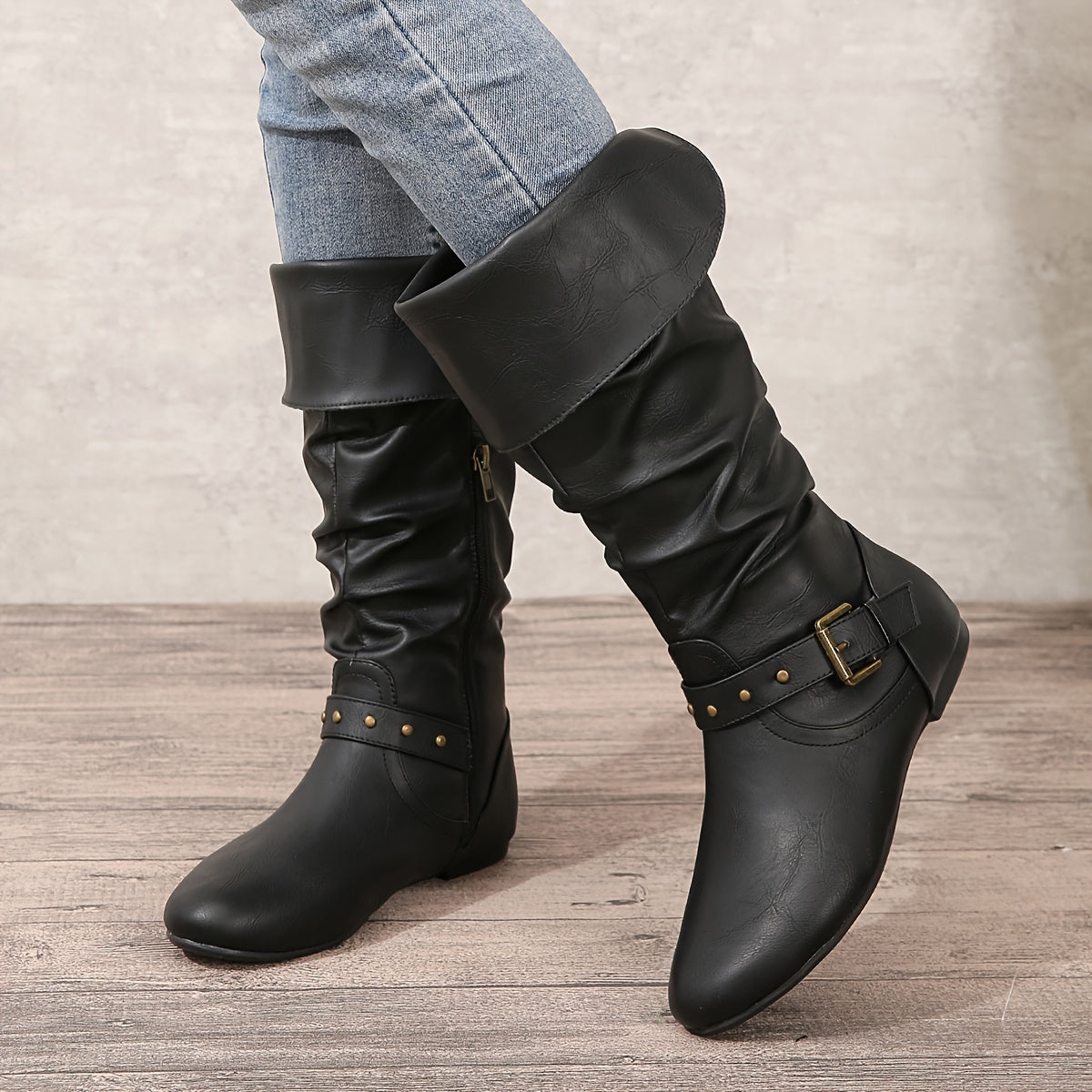 Mia | Women's Slouchy Buckle Flat Knee High Boots