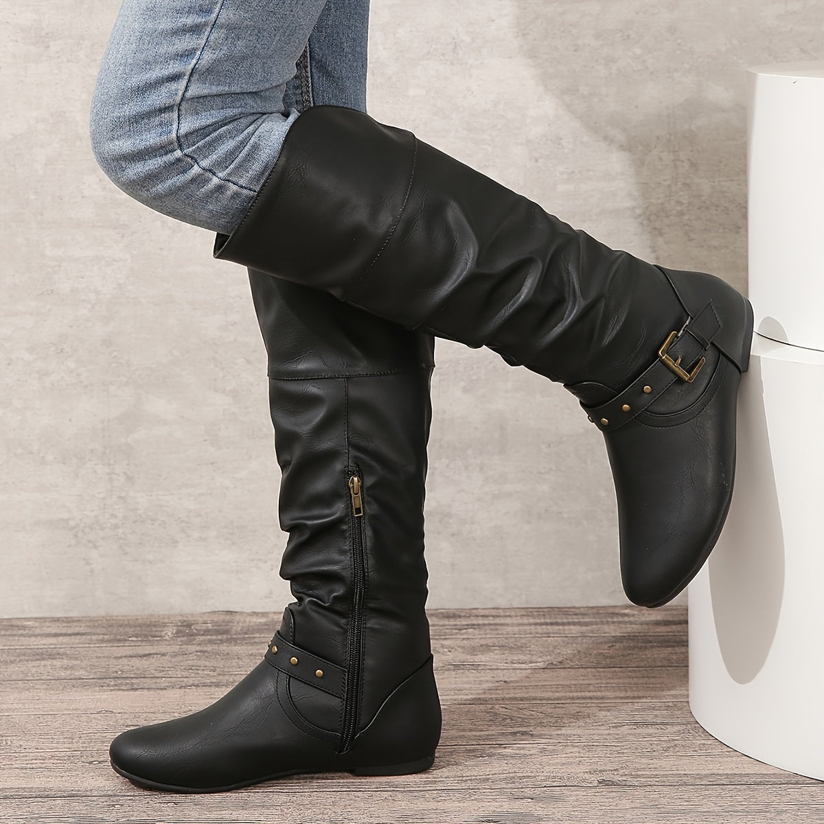 Mia | Women's Slouchy Buckle Flat Knee High Boots