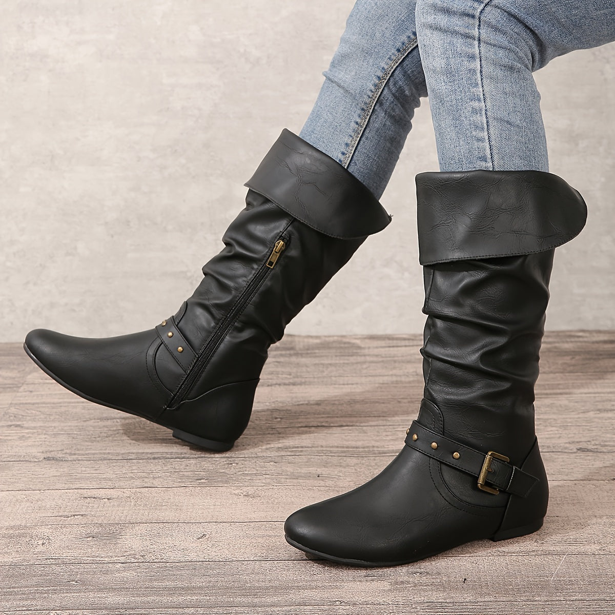 Mia | Women's Slouchy Buckle Flat Knee High Boots