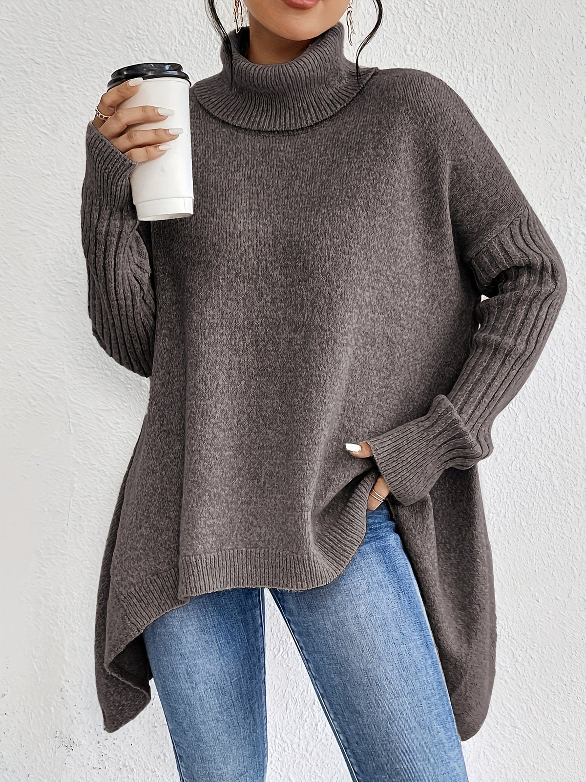 Audrey | Women's High Neck Asymmetrical Drape Knit Sweater
