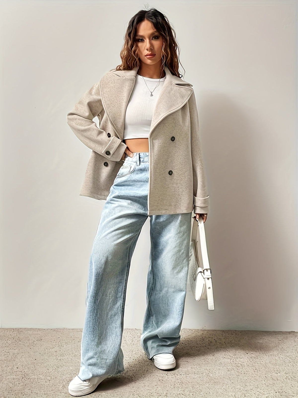 Celestine | Women's Beige High Collar Pea Coat